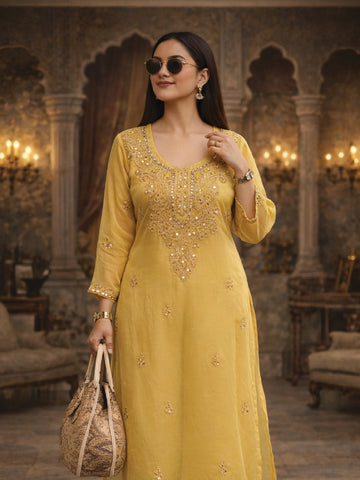 Golden Mustard Embroidered Kurta – elegant festive & formal wear, featuring intricate gold threadwork on a rich mustard