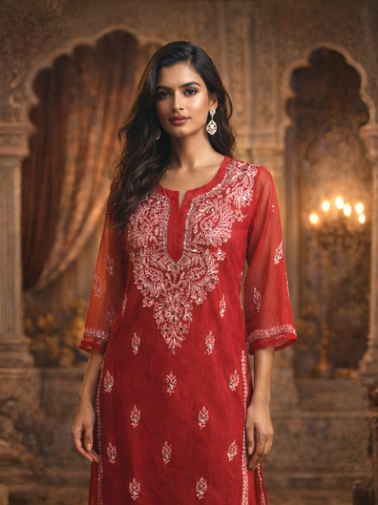 Crimson Red Embroidered Kurta - Elegant Festive & Formal Wear. A close-up shows intricate floral embroidery on a rich red