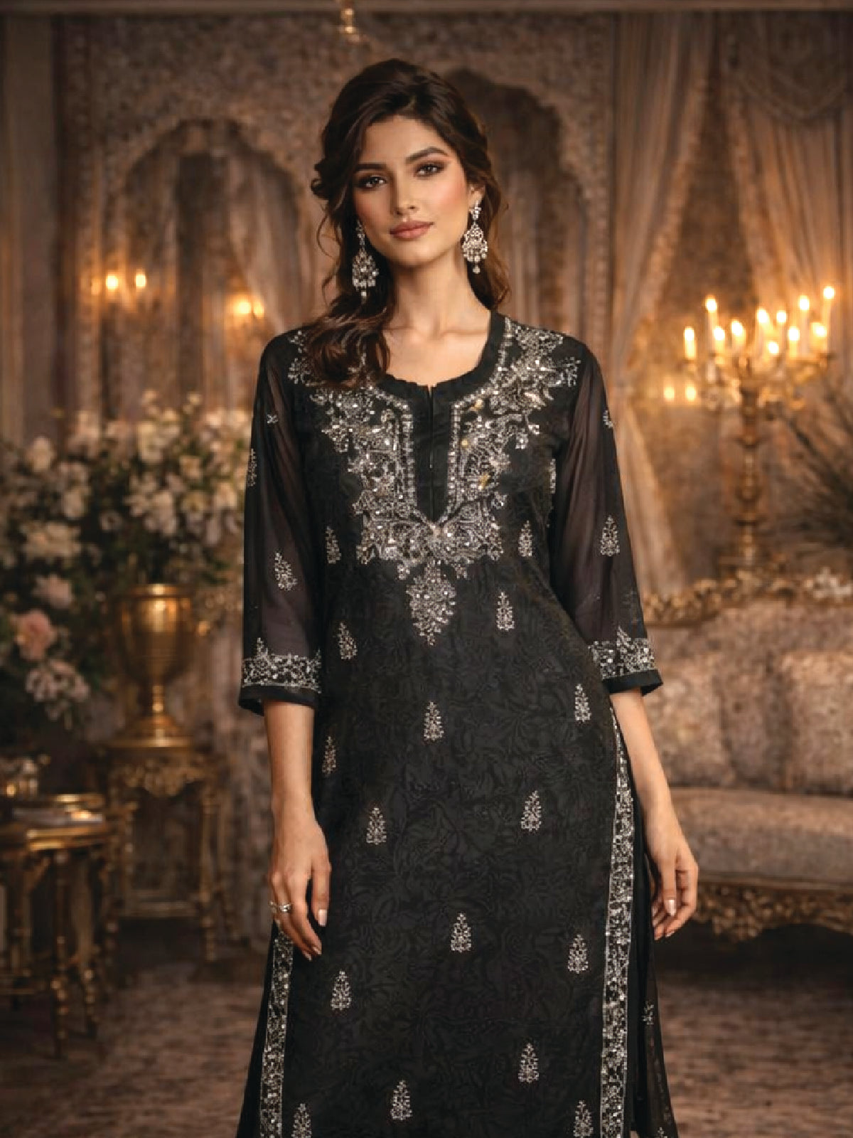 Midnight Black Lucknowi Chikankari Kurta Shirt with Gala Booti & Mirror Work.