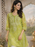 Lime Green Embroidered Kurta - Elegant Festive & Summer Wear, showing a woman in a vibrant lime green kurta with intricate