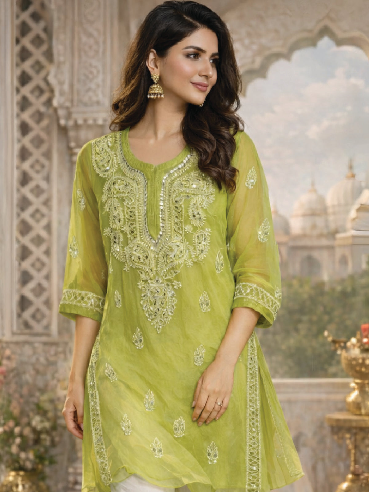 Lime Green Embroidered Kurta - Elegant Festive & Summer Wear, showing a woman in a vibrant lime green kurta with intricate