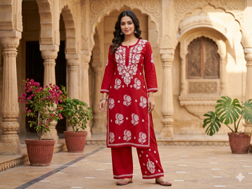 Cherry Red Chikankari Kurti & Trouser Co-ord Set with White Floral Embroidery