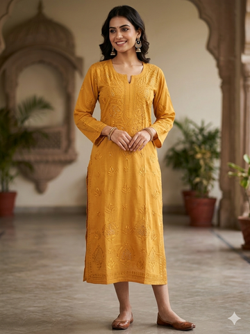 Golden Mustard Chikankari Kurti with Mukaish Mirror Work