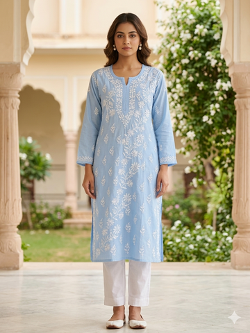 Cornflower Blue Chikankari Kurti with Dense White Botanical Embroidery