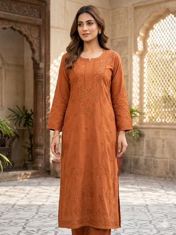 Russet Brown Chikankari Kurti with Mukaish Work
