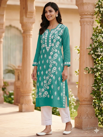 Teal Green Chikankari Kurti with White Paisley & Floral Embroidery