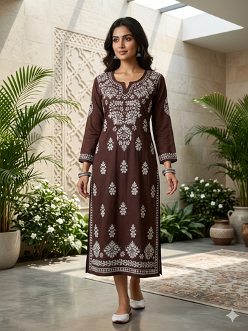 Chocolate Brown Chikankari Embroidered Kurti