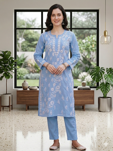 Sky Blue Chikankari Kurti with Dense White Floral Embroidery