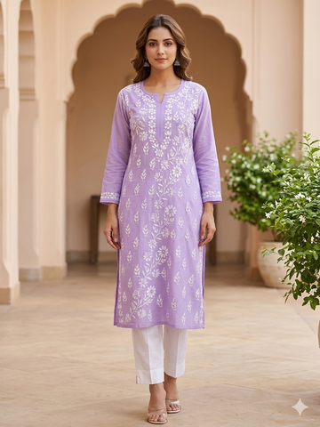 Lavender Purple Chikankari Kurti with White Floral & Botanical Embroidery
