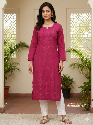 Fuchsia Pink Chikankari Embroidered Kurti