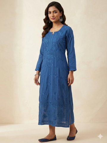 Royal Blue Chikankari Kurti with Shadow Work Embroidery