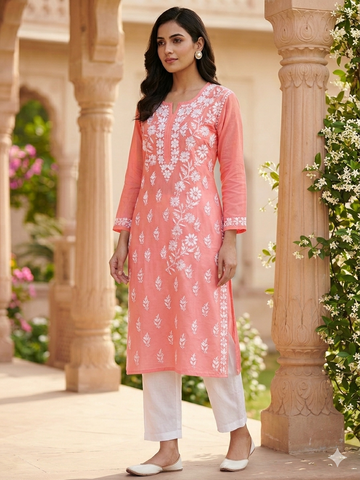 Peach Rose Chikankari Kurti with Dense White Floral Embroidery
