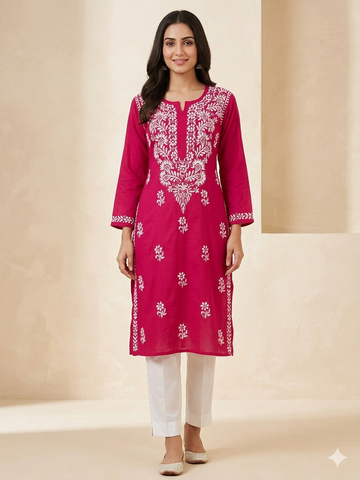 Deep Magenta Chikankari Kurti with White Paisley & Floral Embroidery