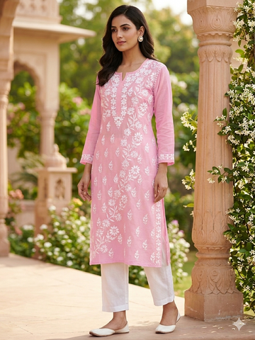 Baby Pink Chikankari Kurti with Dense White Floral Embroidery