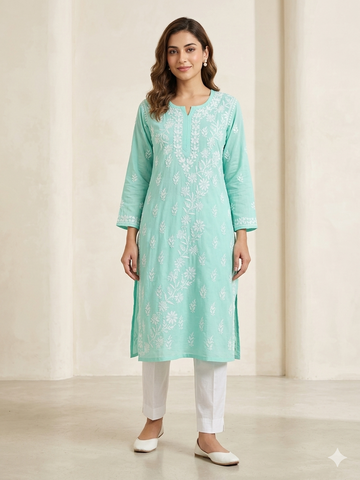 Mint Green Chikankari Kurti with White Floral & Botanical Embroidery