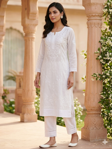Pearl Grey Chikankari Kurti with Tonal White Floral Embroidery