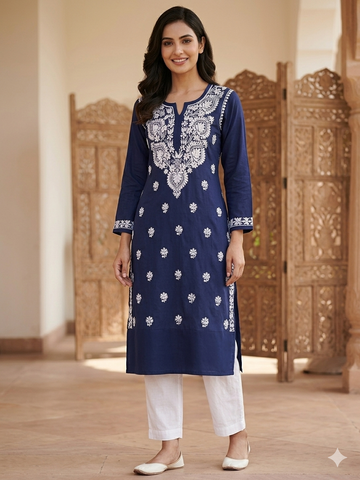 Navy Blue Chikankari Kurti with Dense White Paisley & Floral Embroidery