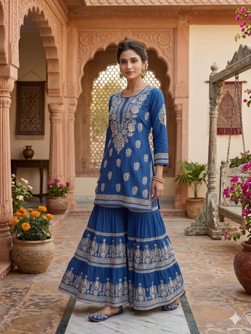 Royal Blue Chikankari Kurti & Trouser Co-ord Set with White Floral Embroidery