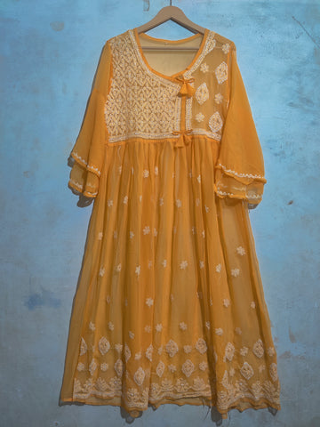 Mustard Yellow with White Chikankari embroidery Long Frock
