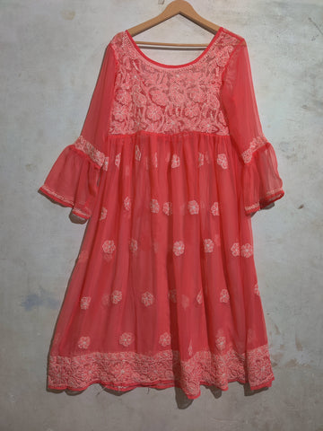 Coral Pink Chikankari Embroidered Maxi Frock