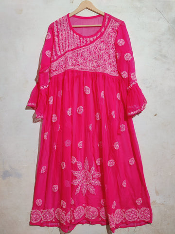 Hot Pink Chikankari Embroidered Maxi Frock