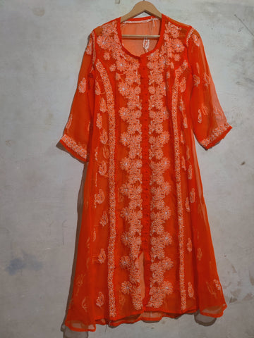 Orange Chikankari Embroidered Frock