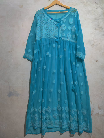 Turquoise Blue Chikankari Embroidered Maxi