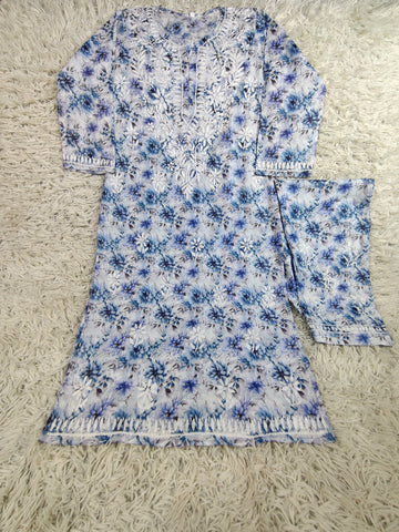 Blue Floral Chikankari Embroidered 2 Piece Suit