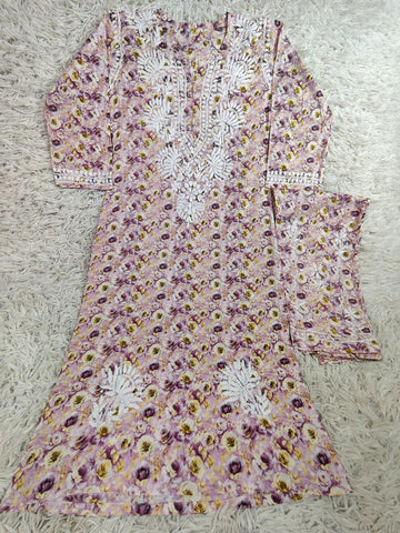 Lavender Bloom Chikankari Embroidered Kurti Set