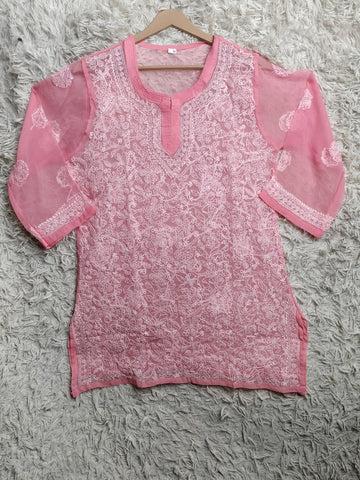 Soft Pink Chikankari Embroidered Short Kurti for Women