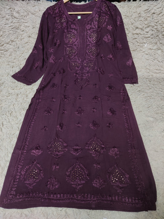 Royal Plum Chikankari Kurti with Mukaish  Work