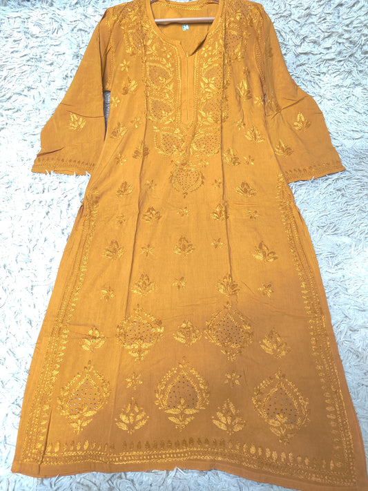 Golden Mustard Chikankari Kurti with Mukaish Mirror Work