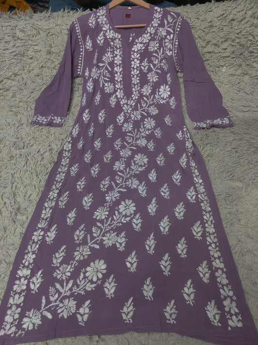 Dusty Mauve Chikankari Kurti with Dense White Floral Embroidery