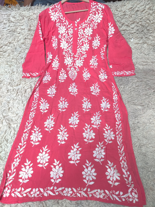 Coral Rose Chikankari Kurti with Dense White Floral Embroidery