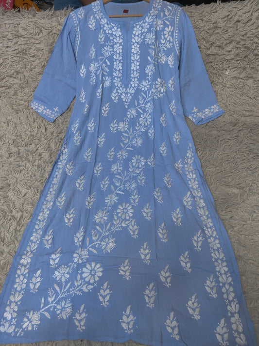 Sky Blue Chikankari Kurti with Dense White Floral Embroidery