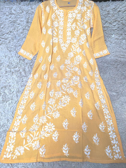 Sunshine Yellow Chikankari Kurti with Dense White Floral Embroidery
