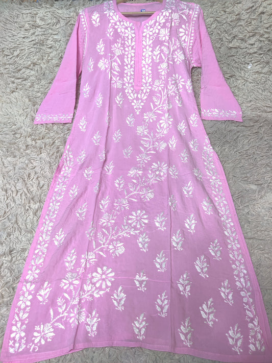 Baby Pink Chikankari Kurti with Dense White Floral Embroidery