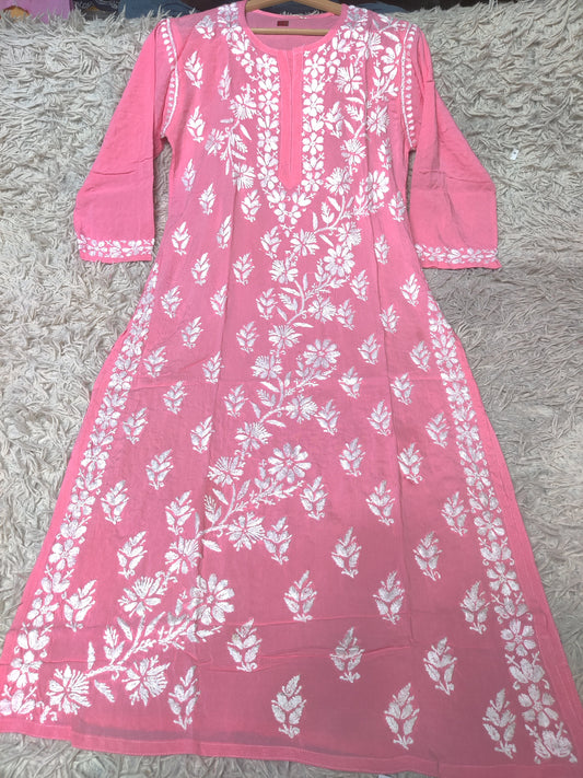 Peach Rose Chikankari Kurti with Dense White Floral Embroidery