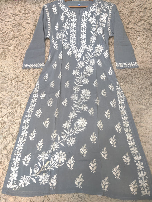 Steel Grey Chikankari Kurti with Dense White Floral Embroidery