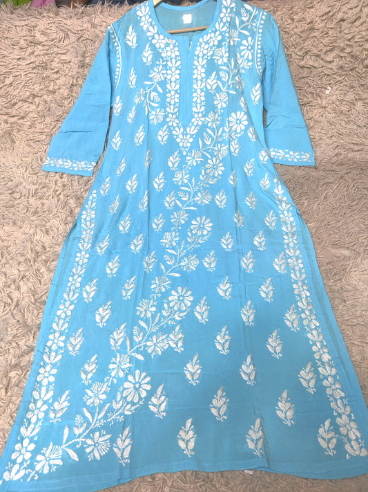 Turquoise Blue Chikankari Kurti with Dense White Floral Embroidery