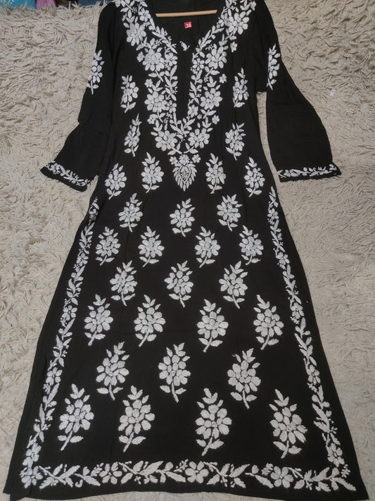 Jet Black Chikankari Kurti with Dense White Floral Bouquet Embroidery
