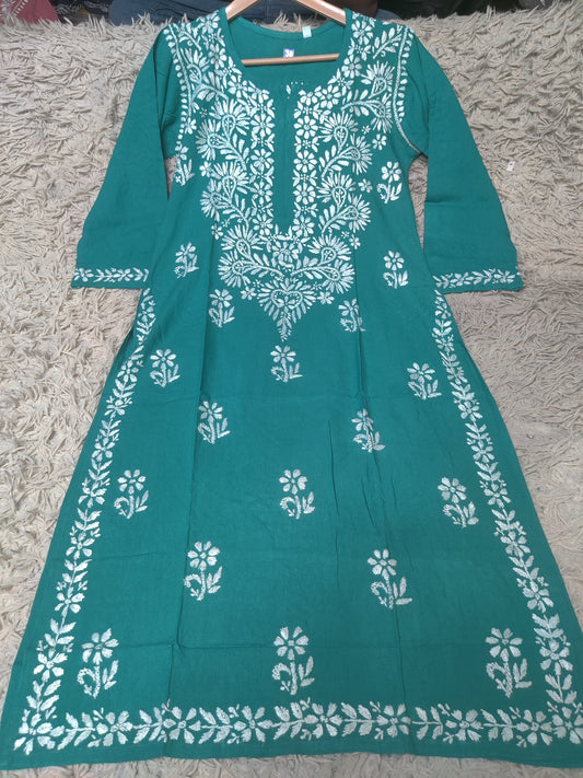 Teal Green Chikankari Kurti with White Paisley & Floral Embroidery