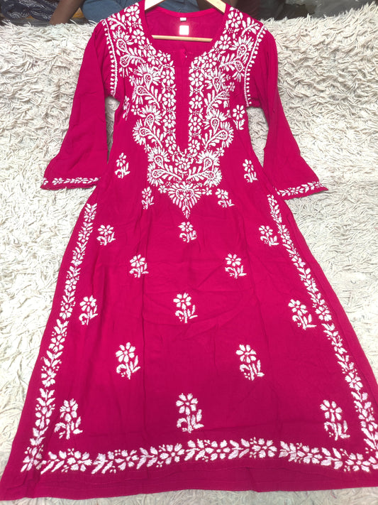 Deep Magenta Chikankari Kurti with White Paisley & Floral Embroidery