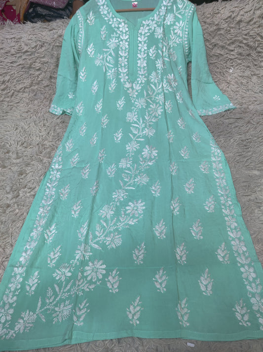 Mint Green Chikankari Kurti with White Floral & Botanical Embroidery