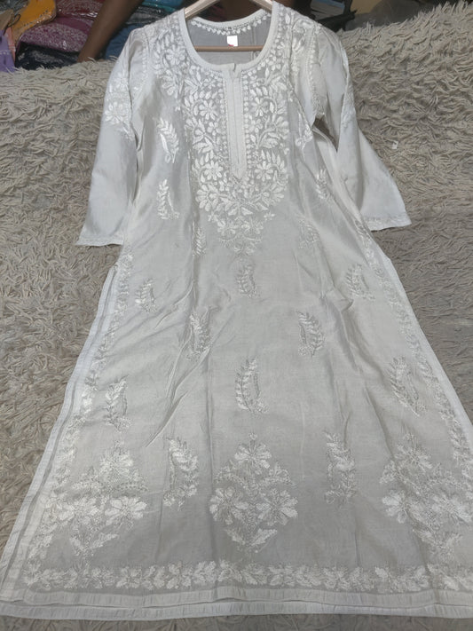 Pearl Grey Chikankari Kurti with Tonal White Floral Embroidery