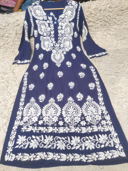 Navy Blue Chikankari Kurti with Dense White Paisley & Floral Embroidery