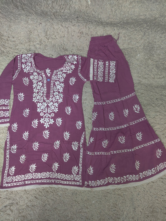 Mauve Purple Chikankari Kurti & Sharara Co-ord Set with White Floral Embroidery