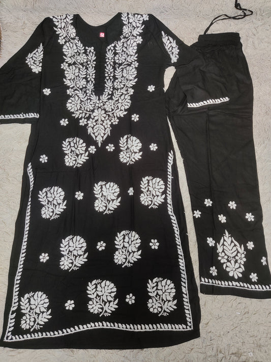 Jet Black Chikankari Kurti & Trouser Co-ord Set with White Floral Embroidery