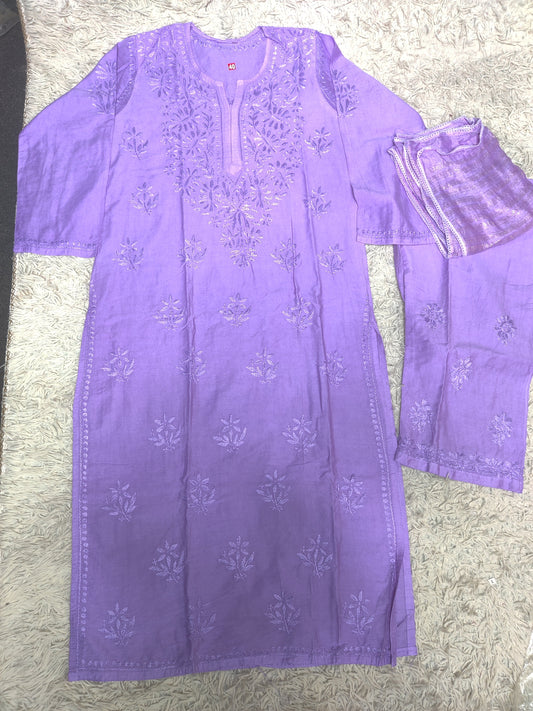 Lilac Purple Chikankari 3-Piece Set with Tonal Embroidery & Cutwork