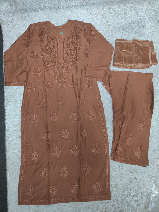 Cinnamon Brown Chikankari 3-Piece Set with Tonal Embroidery & Cutwork